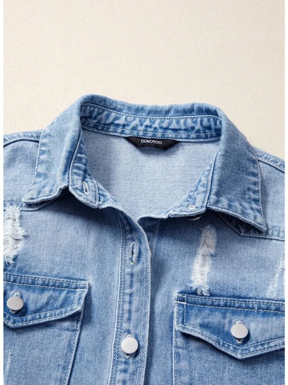 Women's Light Blue Denim Button Down Oversized Distressed Boyfriend Jean Jacket